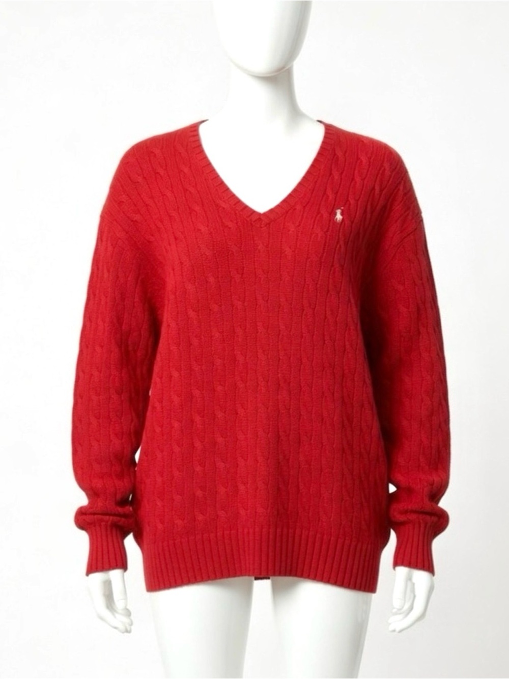 Ralph Lauren Men's Red Cable-Knit V-Neck Sweater